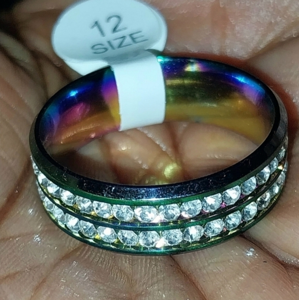 Iridescent Unisex Stainless Steel Rainbow Crystal Band Ring